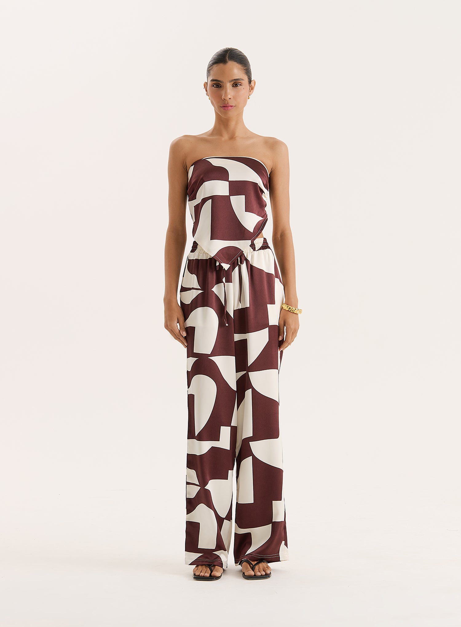 Chocolate Abstract Print Satin Bandeau Top